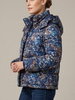 Gap Floral Upcycled Primaloft Midweight Puffer Size Large Blue Hooded